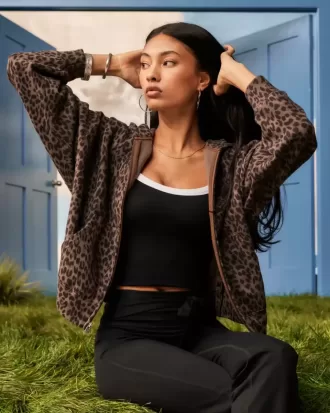 Oversize-Kapuzenpullover mit Reißverschluss und Leopardenmuster