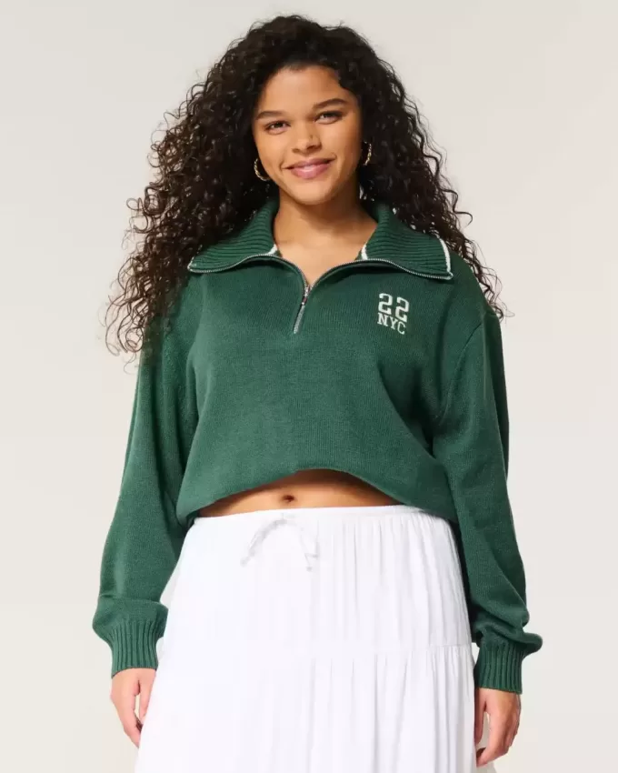 Oversize-Pullover mit NYC-Grafik und halbem Reißverschluss Oversize-Pullover mit NYC-Grafik und halbem Reißverschluss