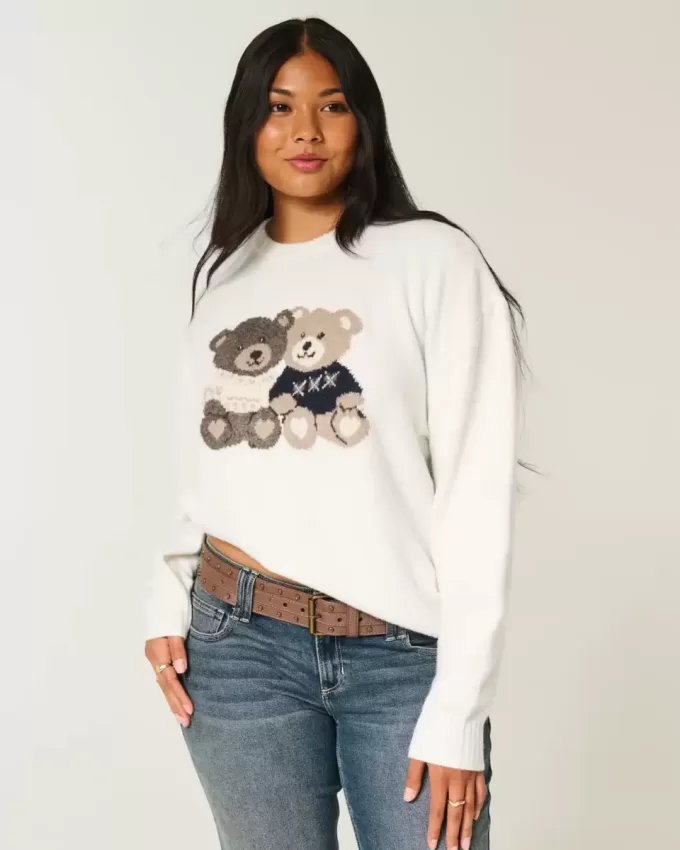 Oversize-Pullover mit Rundhalsausschnitt und Teddybär-Grafik Oversize-Pullover mit Rundhalsausschnitt und Teddybär-Grafik