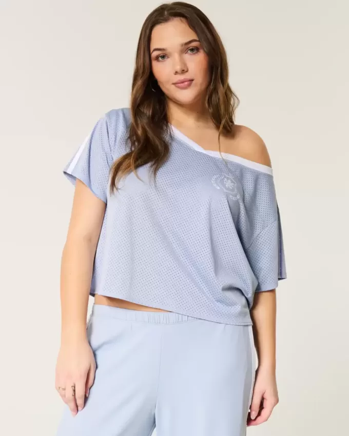Oversize-Schulterfreies Trikot mit College-Grafik Oversize-Schulterfreies Trikot mit College-Grafik