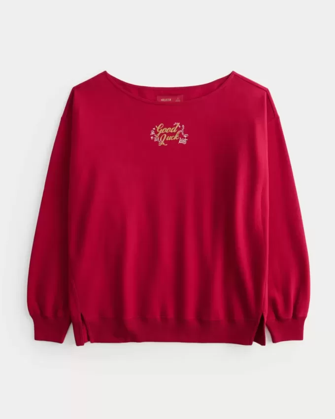 Oversize-Sweatshirt mit schulterfreiem Schnitt und Grafik zum Mondneujahr Oversize-Sweatshirt mit schulterfreiem Schnitt und Grafik zum Mondneujahr