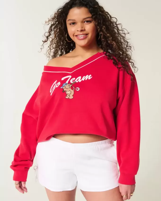 Oversize-Sweatshirt mit V-Ausschnitt und „Go Team“-Grafik Oversize-Sweatshirt mit V-Ausschnitt und „Go Team“-Grafik