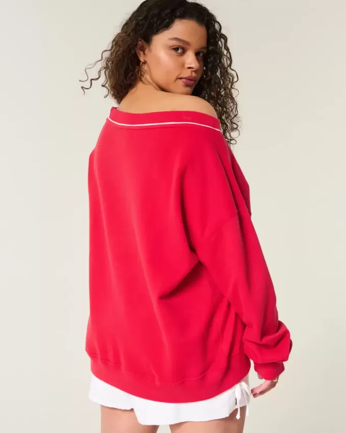 Oversize-Sweatshirt mit V-Ausschnitt und „Go Team“-Grafik Oversize-Sweatshirt mit V-Ausschnitt und „Go Team“-Grafik