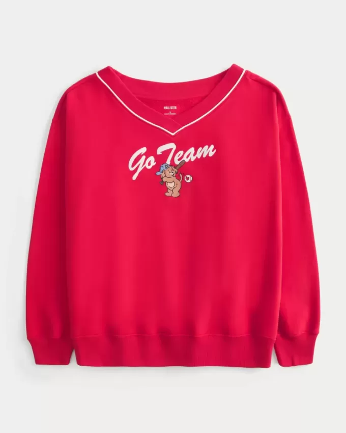 Oversize-Sweatshirt mit V-Ausschnitt und „Go Team“-Grafik Oversize-Sweatshirt mit V-Ausschnitt und „Go Team“-Grafik