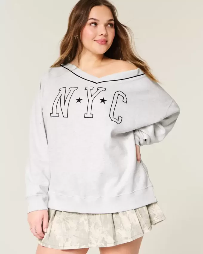 Oversize-Sweatshirt mit V-Ausschnitt und NYC-Grafik Oversize-Sweatshirt mit V-Ausschnitt und NYC-Grafik