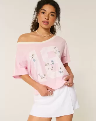Oversize-T-Shirt mit schulterfreiem College-Blumenmuster