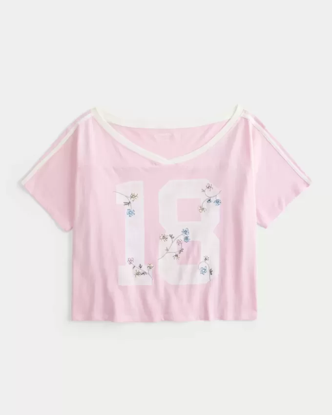 Oversize-T-Shirt mit schulterfreiem College-Blumenmuster Oversize-T-Shirt mit schulterfreiem College-Blumenmuster