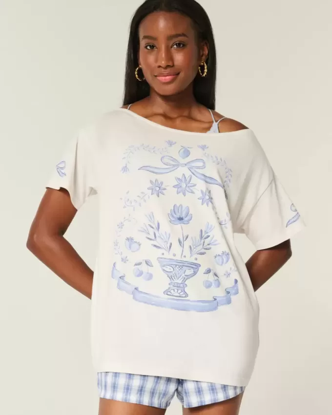 Oversize-T-Shirt mit schulterfreiem Schnitt und Grafik Oversize-T-Shirt mit schulterfreiem Schnitt und Grafik
