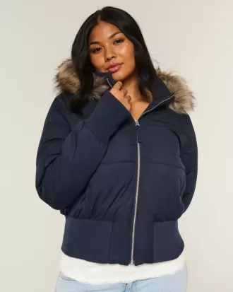 Puffer-Bomberjacke mit Kunstpelzbesatz