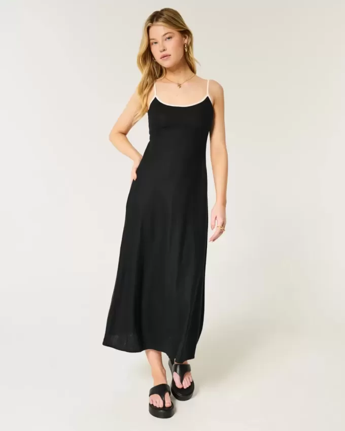 Rückenfreies Midi-Slipkleid aus Leinenmischung Rückenfreies Midi-Slipkleid aus Leinenmischung