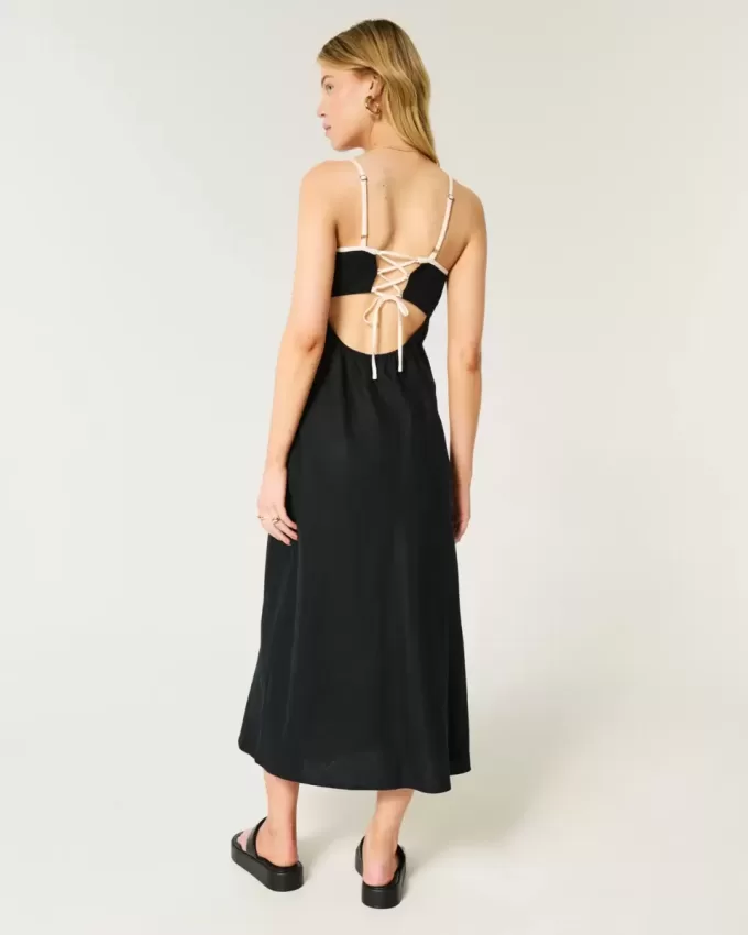 Rückenfreies Midi-Slipkleid aus Leinenmischung Rückenfreies Midi-Slipkleid aus Leinenmischung