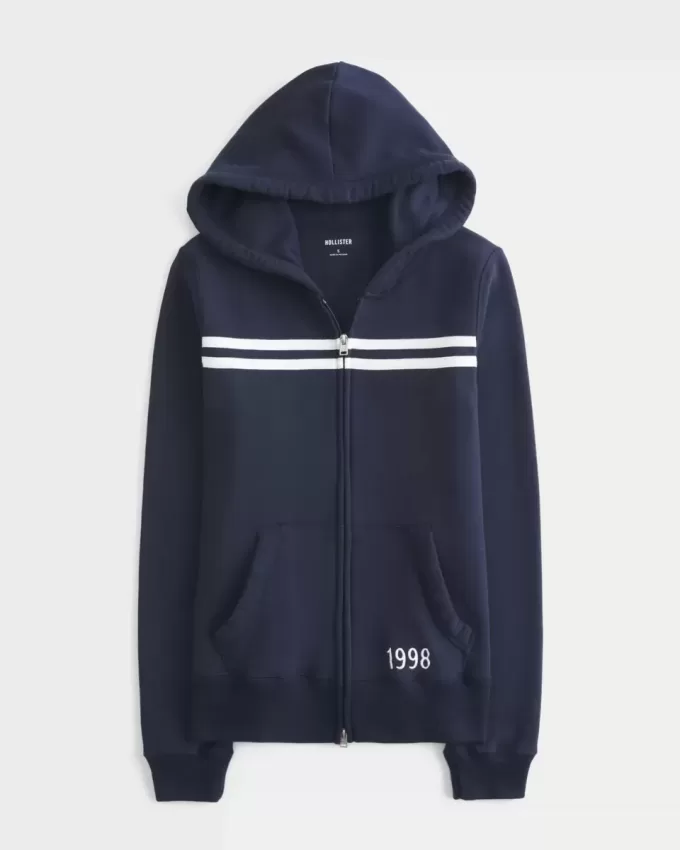 Schmaler gestreifter Kapuzenpullover mit Reißverschluss und Grafik „1998“ Schmaler gestreifter Kapuzenpullover mit Reißverschluss und Grafik „1998“