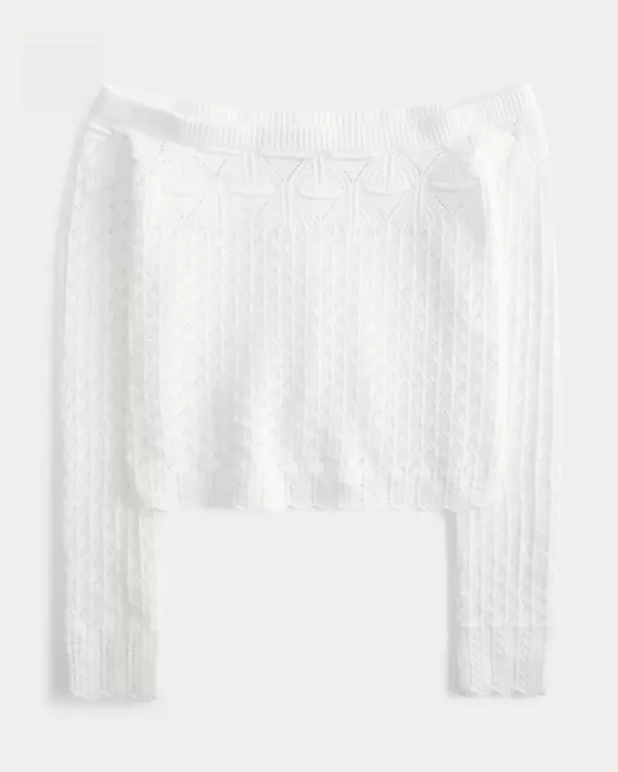 Schulterfreier Pullover im Häkelstil