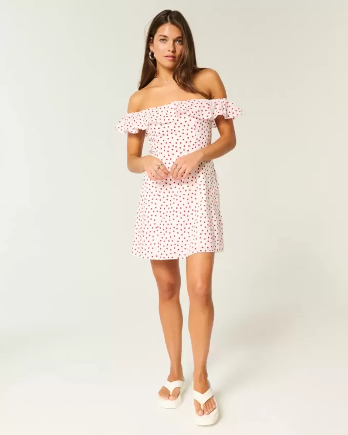 Schulterfreies A-Linien-Minikleid mit Rüschen