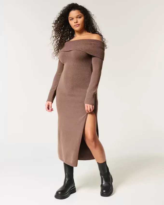 Schulterfreies Midi-Pulloverkleid Schulterfreies Midi-Pulloverkleid