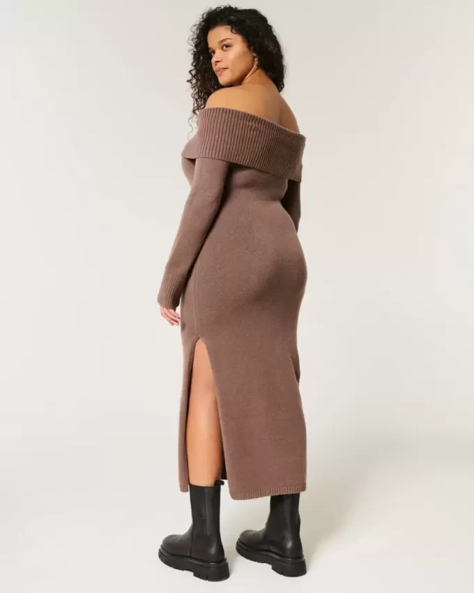 Schulterfreies Midi-Pulloverkleid Schulterfreies Midi-Pulloverkleid