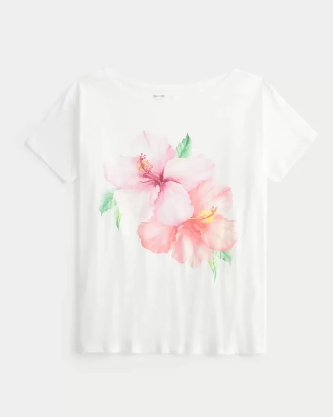 Schulterfreies T-Shirt mit Hibiskus-Grafik