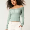 Schulterfreies T-Shirt mit San Diego-Grafik und Spitzenbesatz Schulterfreies T-Shirt mit San Diego-Grafik und Spitzenbesatz