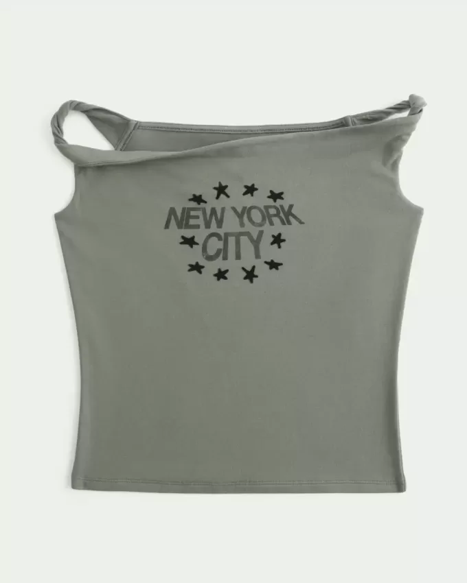 Schulterfreies T-Shirt mit verdrehter New York City-Grafik