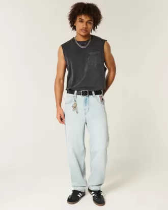 Skater-Baggy-Jeans mit Spielkarten-Grafik in heller Waschung
