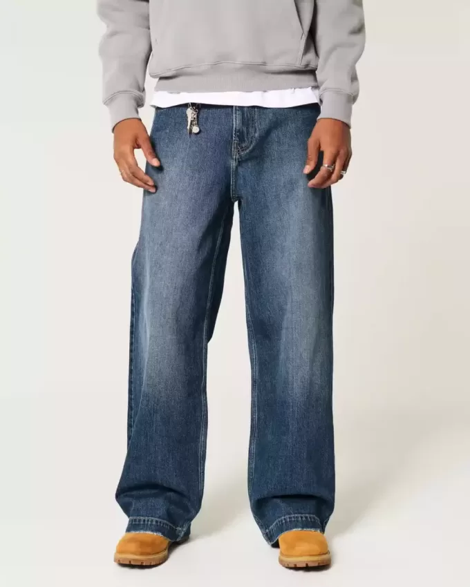 Super Baggy-Jeans mit Logo-Stickerei in dunkler Waschung