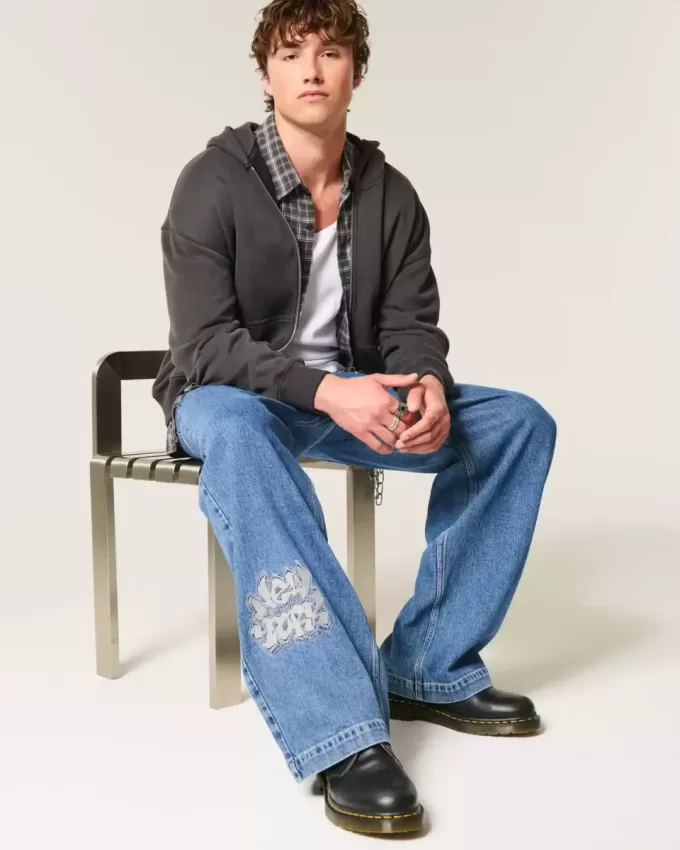 Super Baggy-Jeans mit NYC-Grafik in mittlerer Waschung Super Baggy-Jeans mit NYC-Grafik in mittlerer Waschung