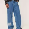Super Baggy-Jeans mit NYC-Grafik in mittlerer Waschung Super Baggy-Jeans mit NYC-Grafik in mittlerer Waschung