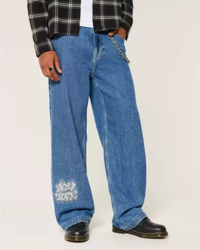 Super Baggy-Jeans mit NYC-Grafik in mittlerer Waschung Super Baggy-Jeans mit NYC-Grafik in mittlerer Waschung