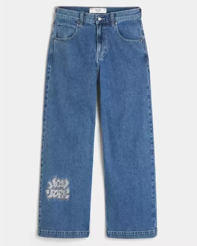 Super Baggy-Jeans mit NYC-Grafik in mittlerer Waschung Super Baggy-Jeans mit NYC-Grafik in mittlerer Waschung