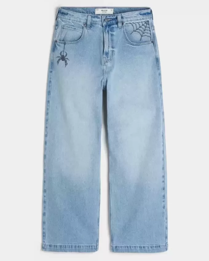 Super Baggy-Jeans mit Spider-Grafik in heller Waschung Super Baggy-Jeans mit Spider-Grafik in heller Waschung
