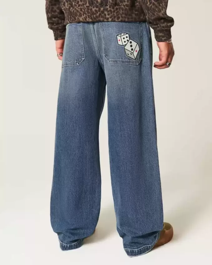 Super Baggy-Jeans mit Würfel-Grafik in dunkler Waschung Super Baggy-Jeans mit Würfel-Grafik in dunkler Waschung