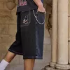 Super Baggy-Jeansshorts mit verwaschenem schwarzen Katzen-Print