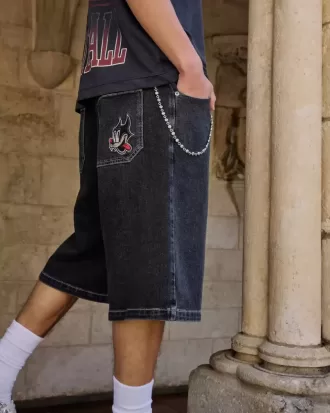 Super Baggy-Jeansshorts mit verwaschenem schwarzen Katzen-Print