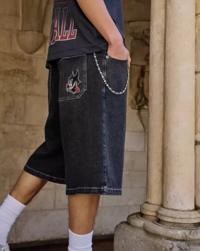 Super Baggy-Jeansshorts mit verwaschenem schwarzen Katzen-Print