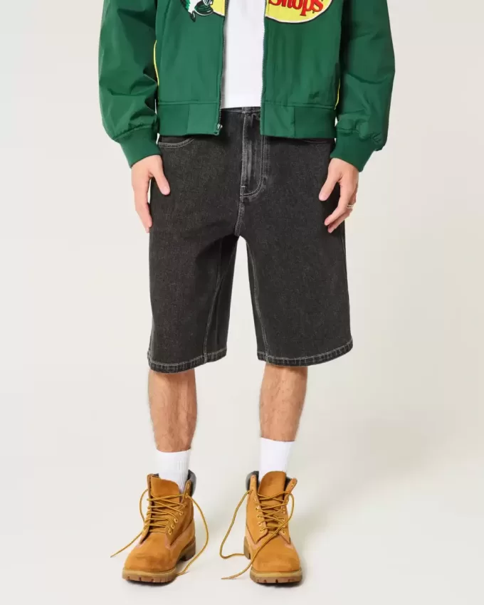 Super Baggy-Jeansshorts mit verwaschenem schwarzen Katzen-Print