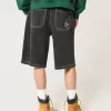 Super Baggy-Jeansshorts mit verwaschenem schwarzen Katzen-Print