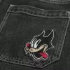 Super Baggy-Jeansshorts mit verwaschenem schwarzen Katzen-Print