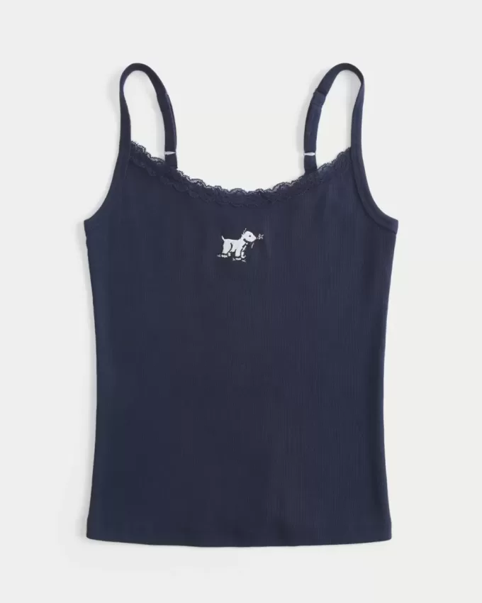 Tanktop mit Spitzenbesatz und Hundegrafik