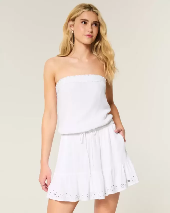Trägerloses Blouson-Minikleid mit Kordelzug