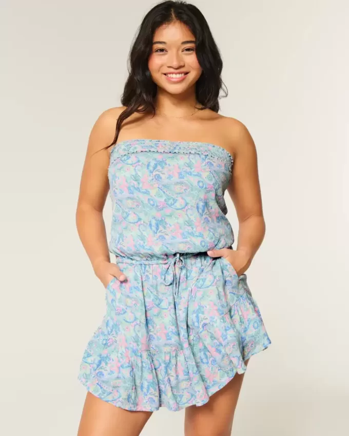 Trägerloses Blouson-Minikleid mit Kordelzug