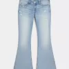 Ultra Low-Rise Distressed Light Wash Flare Jeans mit Pailletten Ultra Low-Rise Distressed Light Wash Flare Jeans mit Pailletten