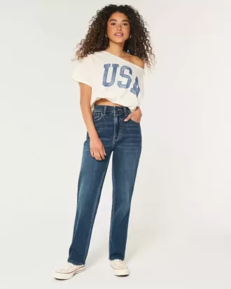 Ultrahoch geschnittene Straight-Jeans im 90er-Stil mit dunkler Waschung