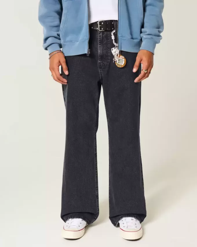 Verwaschene schwarze Baggy-Bootcut-Jeans Verwaschene schwarze Baggy-Bootcut-Jeans