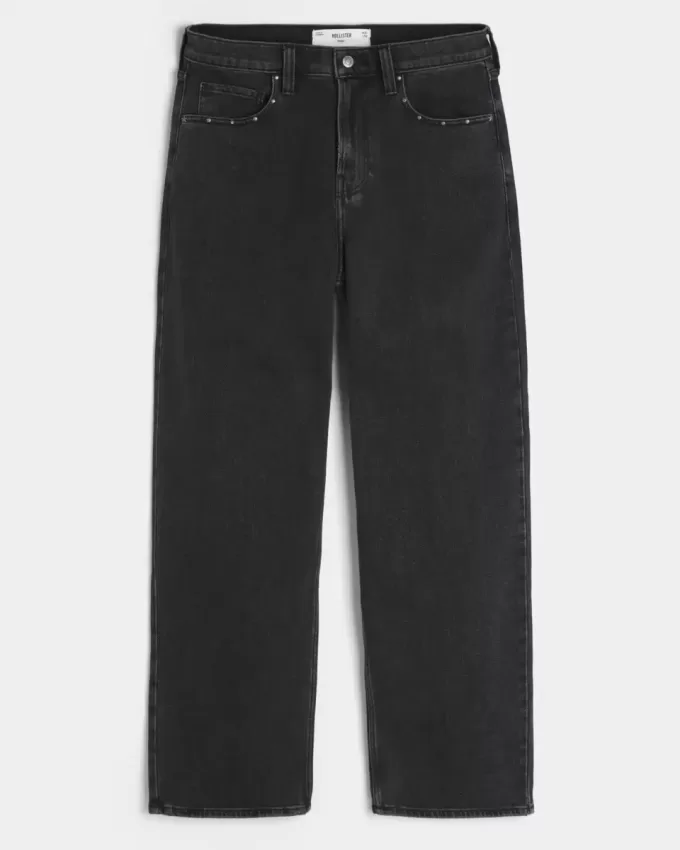 Verwaschene schwarze Baggy-Jeans mit Nieten Verwaschene schwarze Baggy-Jeans mit Nieten