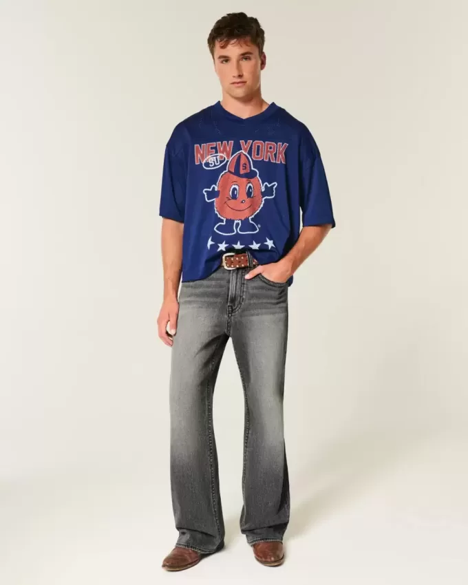 Verwaschene schwarze bestickte Baggy-Bootcut-Jeans Verwaschene schwarze bestickte Baggy-Bootcut-Jeans