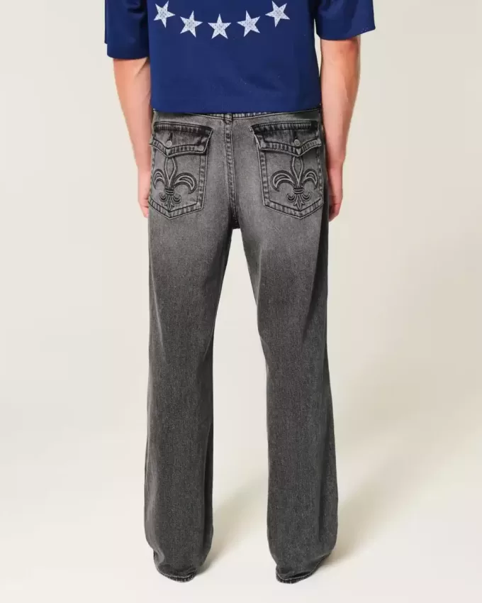 Verwaschene schwarze bestickte Baggy-Bootcut-Jeans Verwaschene schwarze bestickte Baggy-Bootcut-Jeans