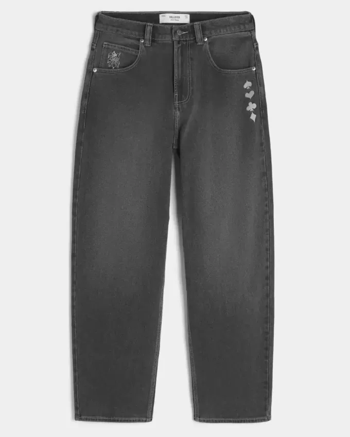Verwaschene schwarze Skater-Baggy-Jeans mit Spielkarten-Joker-Grafik Verwaschene schwarze Skater-Baggy-Jeans mit Spielkarten-Joker-Grafik