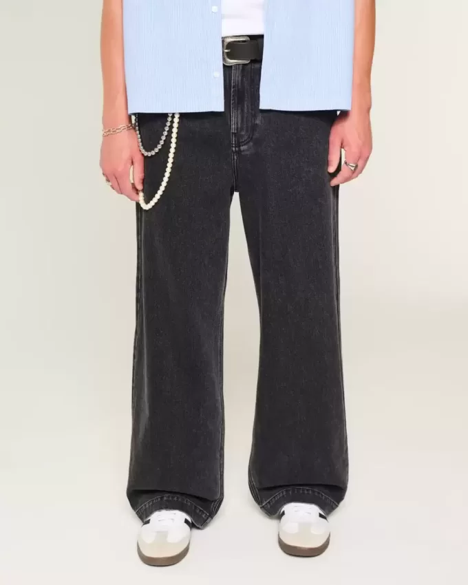 Verwaschene schwarze Super Baggy-Jeans mit Sterngrafik Verwaschene schwarze Super Baggy-Jeans mit Sterngrafik