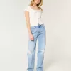 Zerrissene Dad-Jeans mit hohem Bund und mittlerer Waschung Zerrissene Dad-Jeans mit hohem Bund und mittlerer Waschung