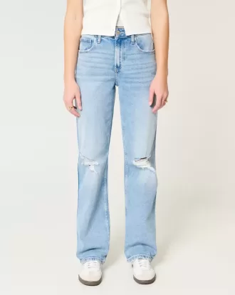 Zerrissene Dad-Jeans mit hohem Bund und mittlerer Waschung Zerrissene Dad-Jeans mit hohem Bund und mittlerer Waschung
